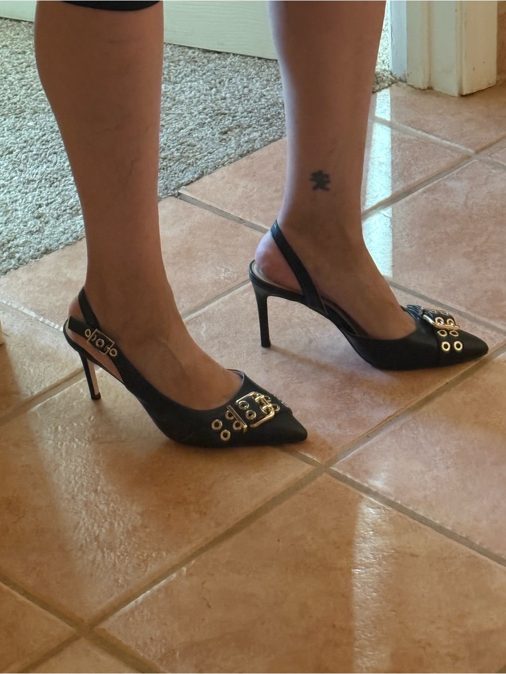 Jessica Simpson Black Pointed Slingback Heels with Gold Buckle Detail
